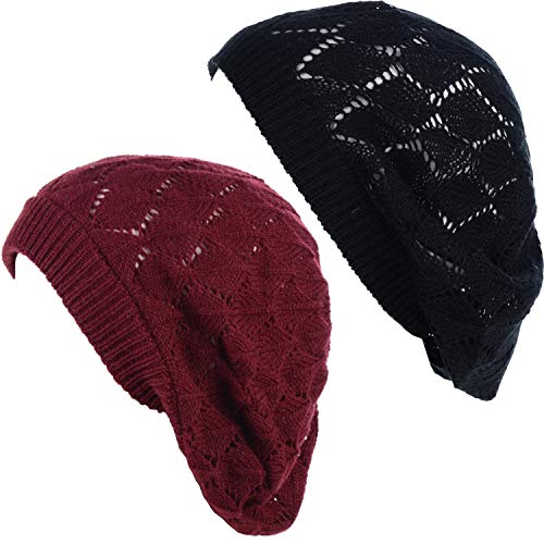 an Womens Lightweight Cut Out Knit Beanie Beret Cap Crochet Hat - Many Styles - color: 2681bkwine