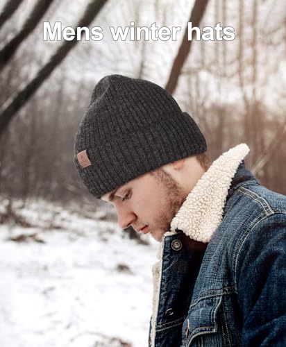 ZTL Merino Wool Beanie Hat for Men Women, Thick Warm Fleece Lined Knit Winter Hats Cuffed Beanie Stocking Hat Ski Skull Cap - color: Black Grey Mix