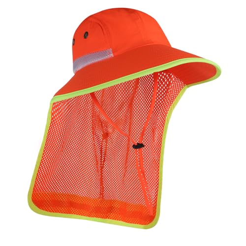 High Visibility Reflective Sun Hat Mesh Work Safety Boonie Hat UPF50+ Wide Brim Bucket Cap for Outdoor Hiking Men Women - color: Mesh + Orange(with Neck Flap)