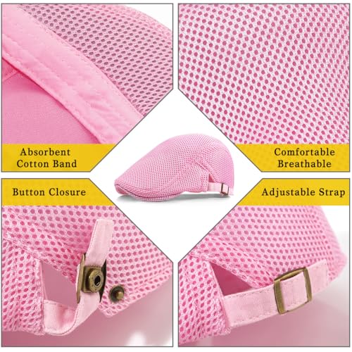 Xinveen Men's Mesh Cap Breathable Summer Newsboy Hat Adjustable Beret Ivy Cap Irish Cabbie Driving Hunting Hats - color: Pink