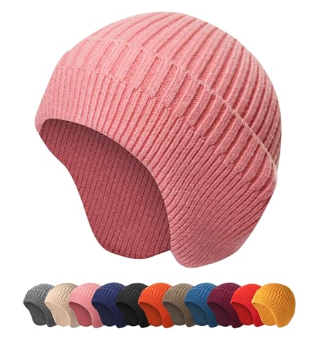 HiRui Knitted Beanie Hats Winter Hats Ear Covers for Men Women Kids Warm Slouchy - color: Pink