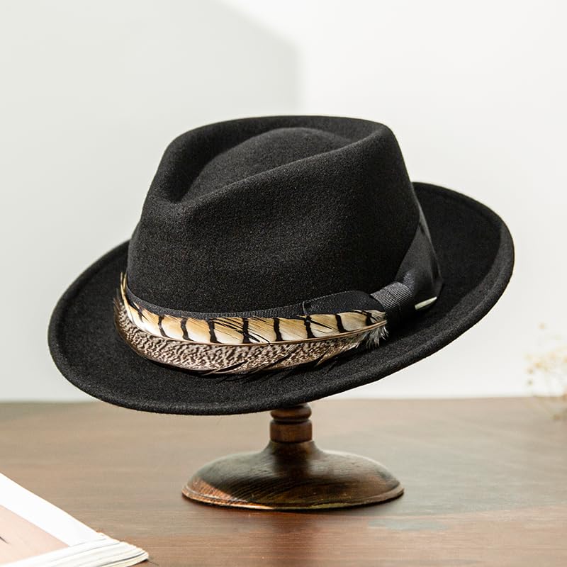 Home Prefer Men's Wool Felt Winter Hat Short Brim Fedora Hat with Feather - color: Black Ring Necked Feather