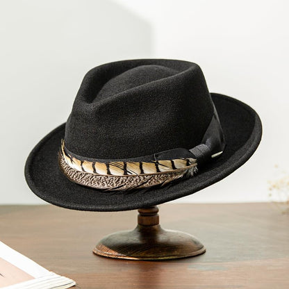 Home Prefer Men's Wool Felt Winter Hat Short Brim Fedora Hat with Feather - color: Black Ring Necked Feather