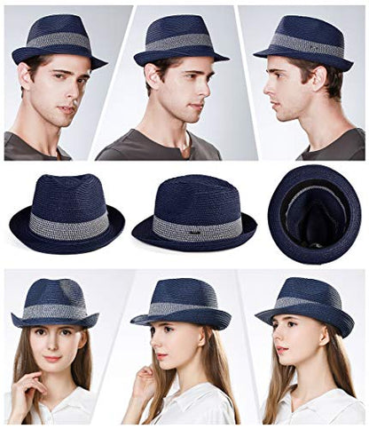 Fancet Packable Straw Fedora Panama Sun Summer Beach Hat Cuban Trilby Men Women 56-67cm - color: Navy, size: Medium