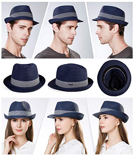 Fancet Packable Straw Fedora Panama Sun Summer Beach Hat Cuban Trilby Men Women 56-67cm - color: Navy, size: Medium
