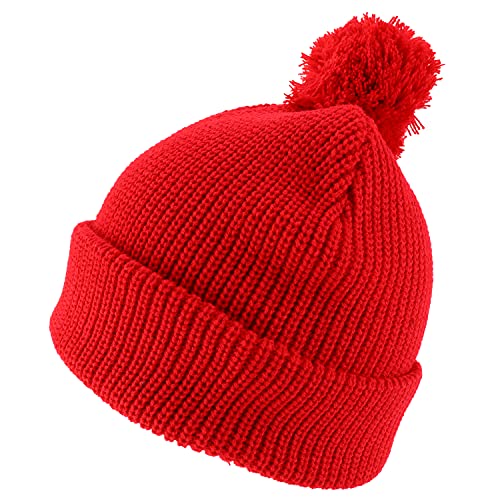 Trendy Apparel Shop XXL Oversized Solid Pom Pom Winter Ribbed Cuffed Beanie - color: Red