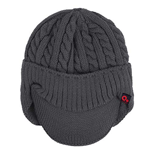 Original One Winter Ear Flap Visor Beanie Lining Hat with Billed Knit Brimmed Cap - color: Grey