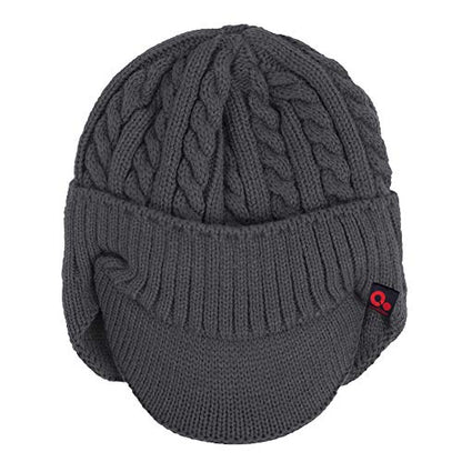 Original One Winter Ear Flap Visor Beanie Lining Hat with Billed Knit Brimmed Cap - color: Grey