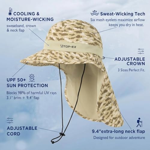 TOP-EX UPF 50+ Cooling Wide Brim Sun Hat for Men with Neck Flap, Packable - color: Desert - Fish Camo, size: Medium-Large