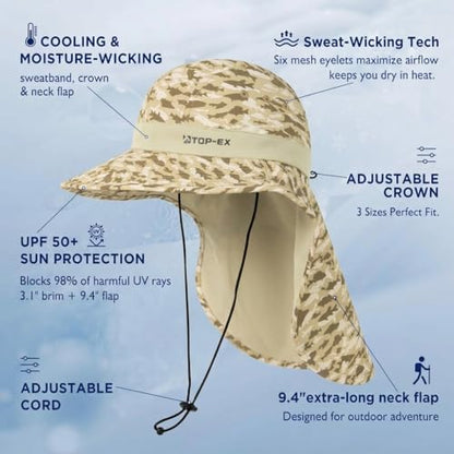 TOP-EX UPF 50+ Cooling Wide Brim Sun Hat for Men with Neck Flap, Packable - color: Desert - Fish Camo, size: Large-X-Large