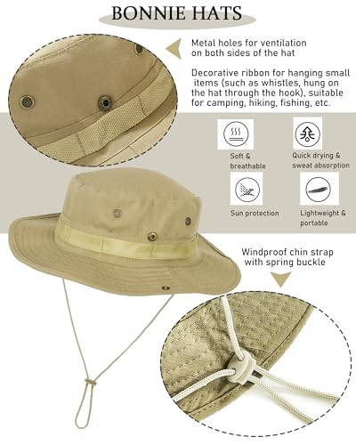 Cotton Fishing Bucket Hat Men Women Sun UV Protection Wind Chin Strap - color: Khaki - Wide Band
