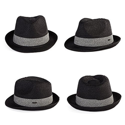 Fancet Packable Straw Fedora Panama Sun Summer Beach Hat Cuban Trilby Men Women 56-67cm - color: Black, size: Medium