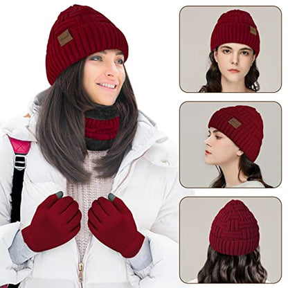Loritta 3-Pieces Winter Hats for Women Warm Scarf Touchscreen Gloves - color: Wine