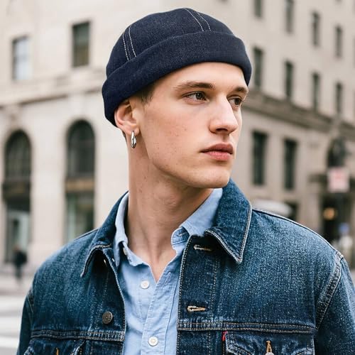 Clakllie Warm Brimless Hat Knitted Skull Cap Docker Hat Soft Beanie Worker Hat Rolled Cuff Sailor Fisherman Leon Hat - color: Cdus-hbmh1-navy Blue