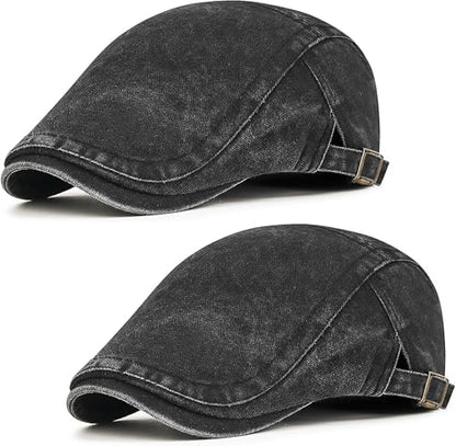 Initlove Mens Newsboy Cap Washed Beret Ivy Hat Flat Hats for Cabbie Driving - color: Black + Black
