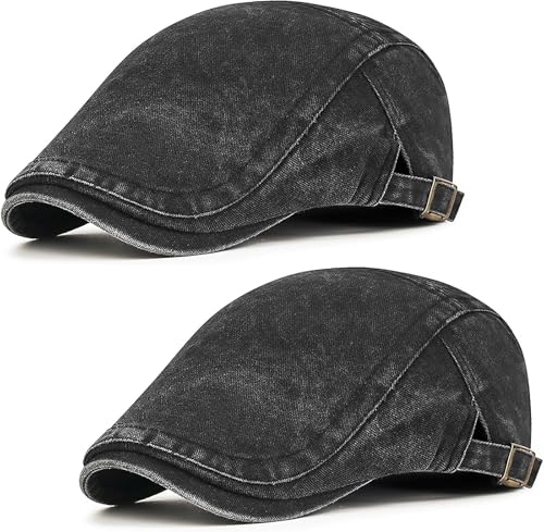Initlove Mens Newsboy Cap Washed Beret Ivy Hat Flat Hats for Cabbie Driving - color: Black + Black