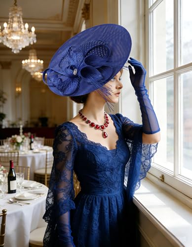 Unpifolov Fascinators Hats Elegant Women Flower Mesh Feathers Wedding Cocktail Bride Headband for Derby Hat Tea Party - color: Royal Blue