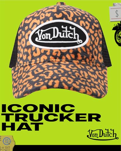 Von Dutch Unisex Velvet Trucker Hat, Curved Bill, Mesh Back, Snapback - color: Orange Leopard