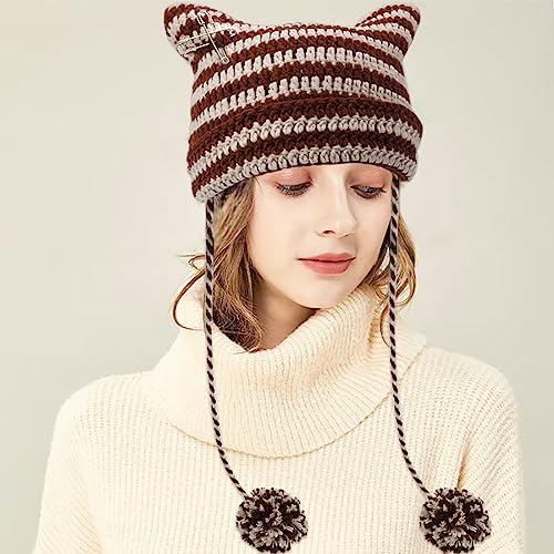 XYIYI Crochet Hats for Women Fox Knit Hat with Pompoms Grunge Goth Accessories Slouchy Beanies for Women Girls - color: Coffee Beige