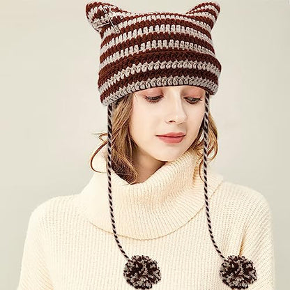 XYIYI Crochet Hats for Women Fox Knit Hat with Pompoms Grunge Goth Accessories Slouchy Beanies for Women Girls - color: Coffee Beige