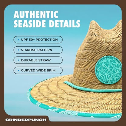 grinderPUNCH Straw Sun Hat for Men Women Wide Brim Beach Fishing UPF 50 - color: Teal Starfish