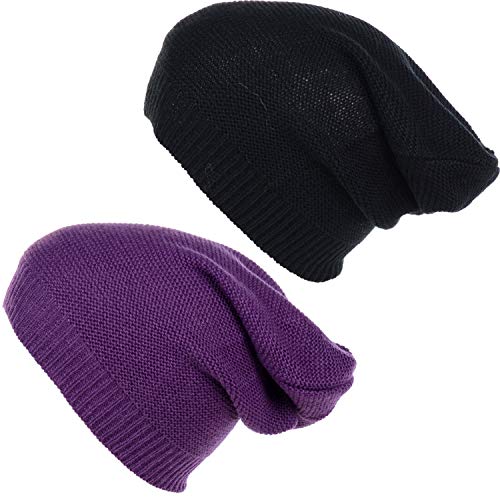 an Unisex Striped Knit Slouchy Beanie Hat Lightweight Soft Fashion Cap - color: 5014-2pk-purp