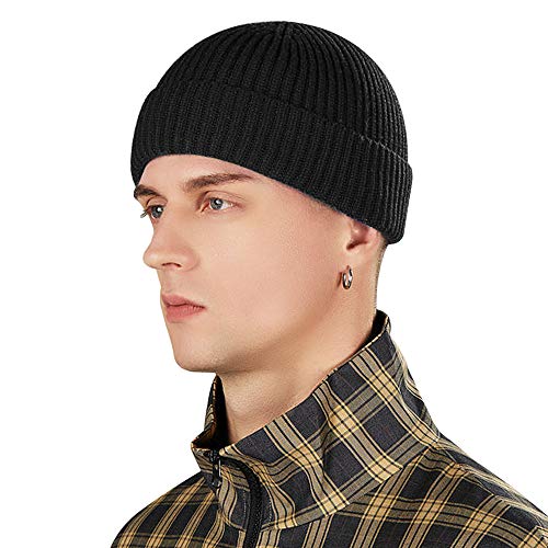 vidsel Wool Knit Cuff Short Fisherman Beanie for Men Women, Winter Warm Hat - color: Black