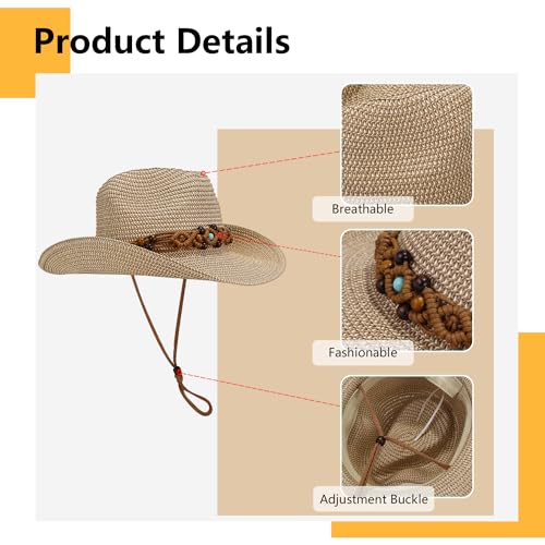 Women/Men Straw Cowboy Hat Wide Brim Sun Beach Cowgirl Hat Summer Western Cowboy for Travel Outdoor Family - color: Khaki W