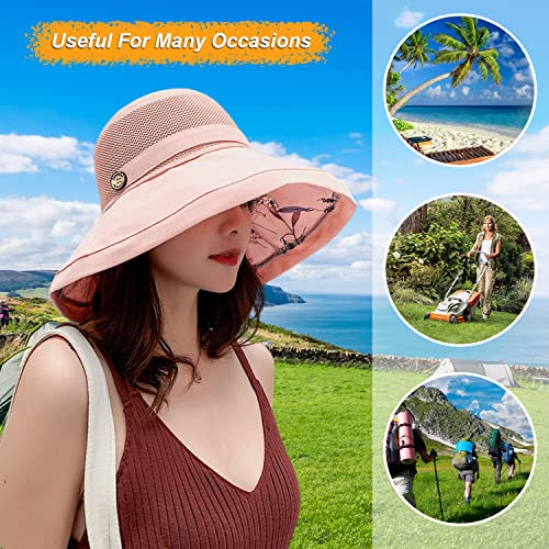 Women Wide Brim Sun Hats Metal Wired Edge Summer UV Protection Beach Fishing Hat for Hiking Garden Travel Chin Strap - color: M9163-pink, size: One Size