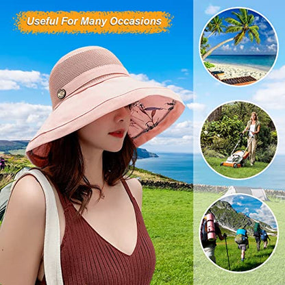 Women Wide Brim Sun Hats Metal Wired Edge Summer UV Protection Beach Fishing Hat for Hiking Garden Travel Chin Strap - color: M9163-pink, size: One Size