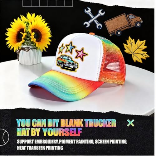 12 Pcs Sublimation Blank Trucker Hats Bulk Mesh Snapback Baseball Cap Mesh Trucker Caps for Men and Women DIY Custom Hats - color: Rainbow