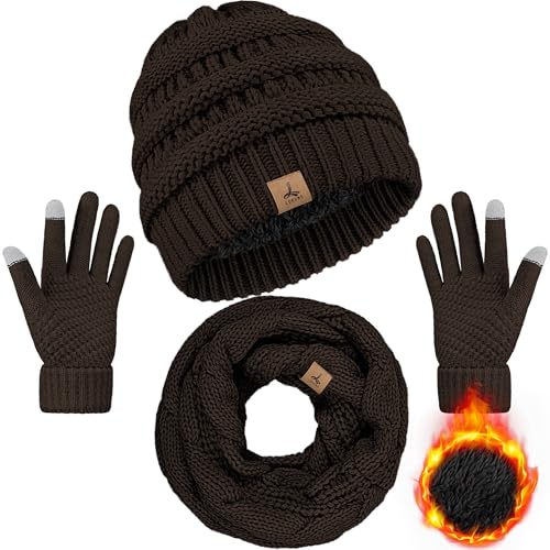 LOROME Winter Beanie Hat Scarf Gloves, Warm Fleece Knit Neck Scarf Set Gift - color: Coffee