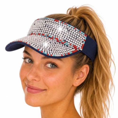 Bling Rhinestone Sun Visor for Women Sparkle Hat for Tennis Beach Sport - color: 07 Navy Blue