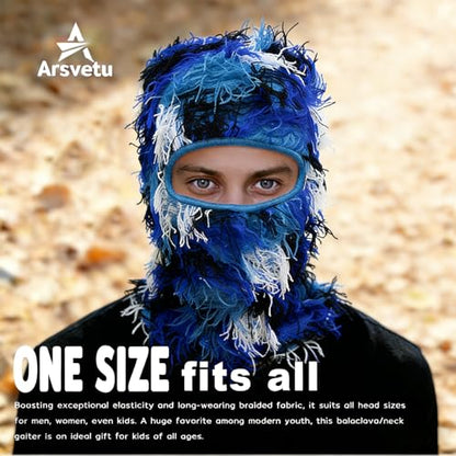 Distressed Ski Mask Balaclava, Yeat Shiesty Knitted Full-Face Mask - color: Bluewhite