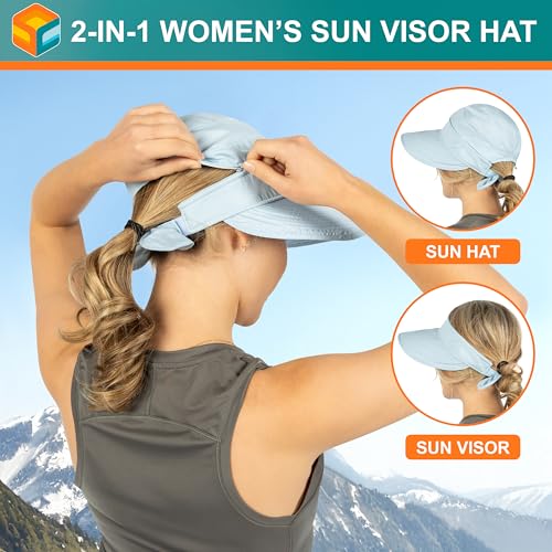 SUN CUBE Womens Sun Hat UV Protection Wide Brim Zip-Off Golf Visor - color: Light Blue