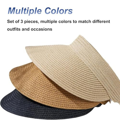 MULIMU new 3pcs Sun Visor Hats for Women Wide Brim Straw Visors Womens Foldable Beach Visors Summer Packable Ponytail Beach Hat Black