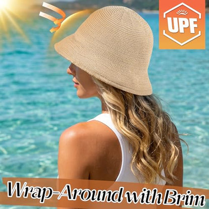 Babalet Summer Straw Beach Sun Hats for Women Packable Floppy Bucket Hat - color: Beige