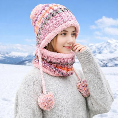 HUAMULAN Women Winter Knit Beanie Hat Circle Scarf Set Pompoms Ear Flaps - color: Pink