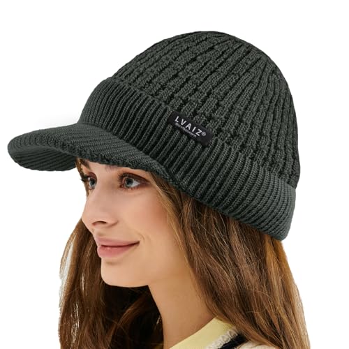 Womens Satin Lined Winter Beanie Hat with Brim Visor Warm Knit Baseball Cap - color: Dark Grey
