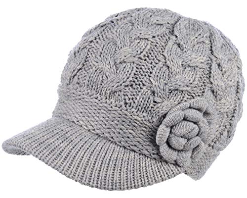 Womens Winter Elegant Cable Flower Knitted Newsboy Cabbie Cap Beret Beanie Hat with Visor, Warm Plush Fleece Lined - color: Light Gray Cable Flower