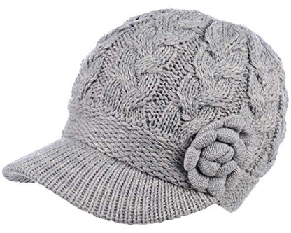 Womens Winter Elegant Cable Flower Knitted Newsboy Cabbie Cap Beret Beanie Hat with Visor, Warm Plush Fleece Lined - color: Light Gray Cable Flower