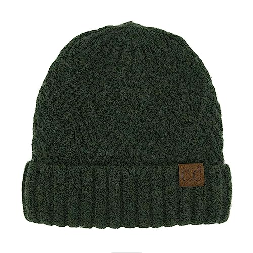 C.C Unisex Chunky Soft Stretch Cable Knit Warm Fuzzy Lined Skully Beanie - color: Cuffed Olive Green