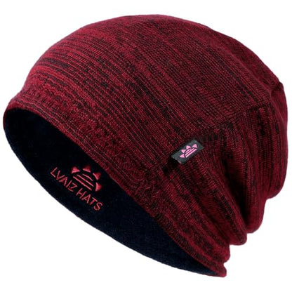 Lvaiz Winter Fleece Lined Beanie Hat for Men Women Reversible Skull Cap - color: Red+deep Blue