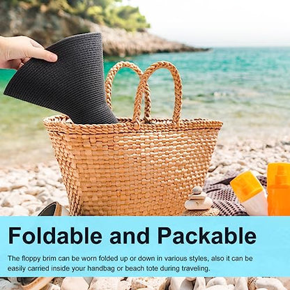 DRESHOW Big Straw Sun Hats for Women Floppy Foldable Roll up Beach Cap Sun Hat UPF 50+ Vacation Honeymoon Embroidered Hat - color: Aca Wire: Black