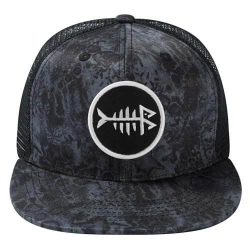 BASSDASH Flat Brim Trucker Cap Adjustable Snapback Hat Mesh Back for Men Women - color: Black Stone