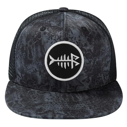 BASSDASH Flat Brim Trucker Cap Adjustable Snapback Hat Mesh Back for Men Women - color: Black Stone