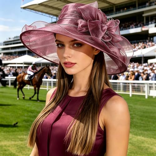 AQOKKA Women Organza Church Fascinators Kentucky Derby Hats for Women and Girls Wedding Flower Tea Party Hat with Wide Brim - color: Burgundy