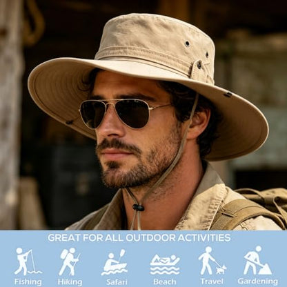 Sun Fishing Hat for Men UPF 50+ Wide Brim Boonie Hats for Summer - color: Khaki