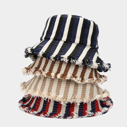 Quanhaigou Frayed Unisex Sun Hats, Fashion Beach Bucket Hat for Men Women,Summer Outdoor Boy's Girls Boonie Cap - color: Stripe Red Navy Beige