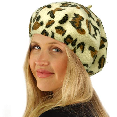 Classic Winter 100% Wool Warm French Art Basque Beret Tam Beanie Hat Cap - color: Leopard White